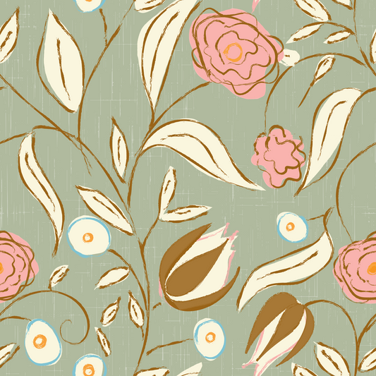 Sage Green Chintz Floral Vintage Botanical Wallpaper⁠