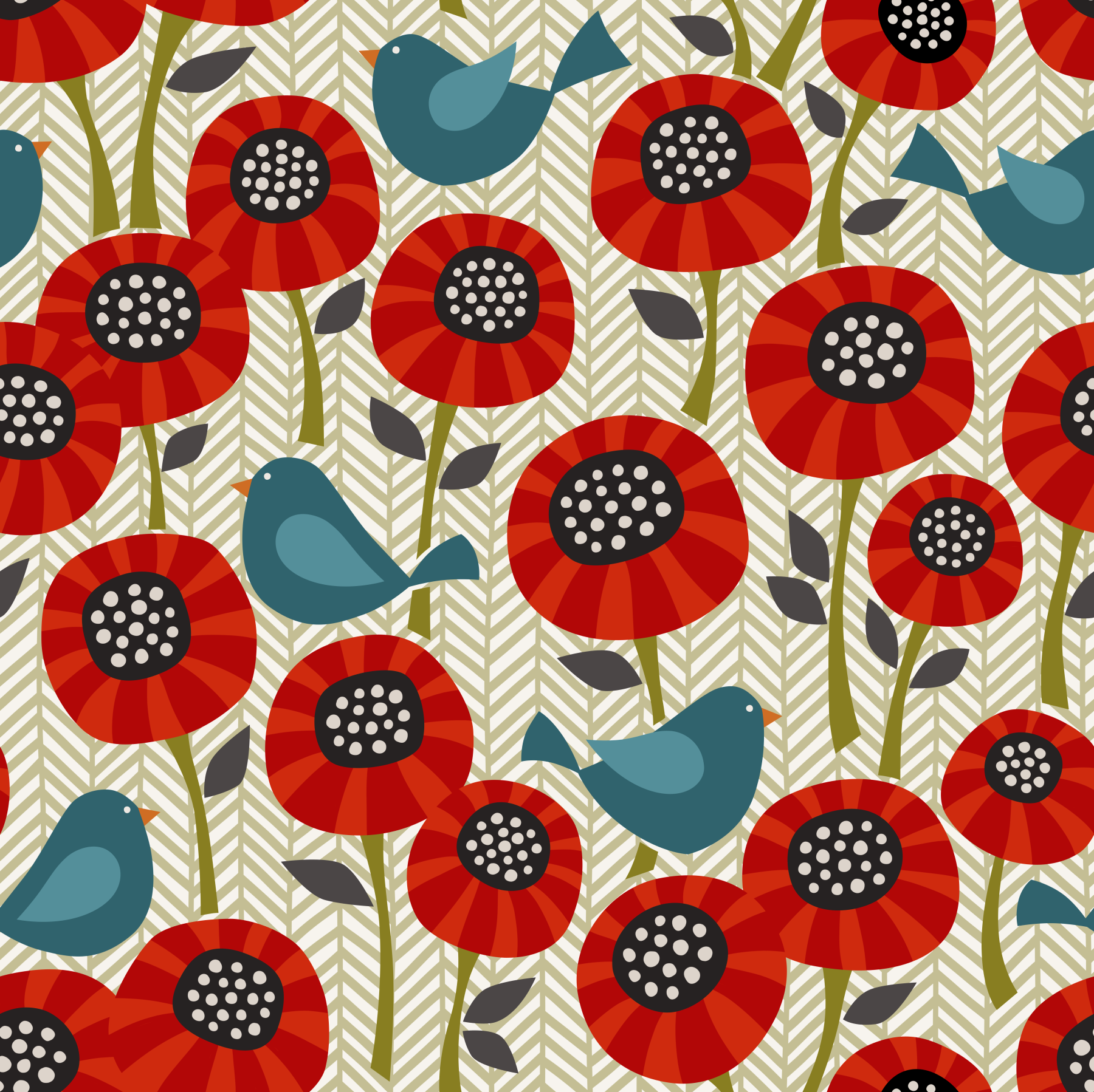 Poppies And Birds On Chevron Wallpaper⁠