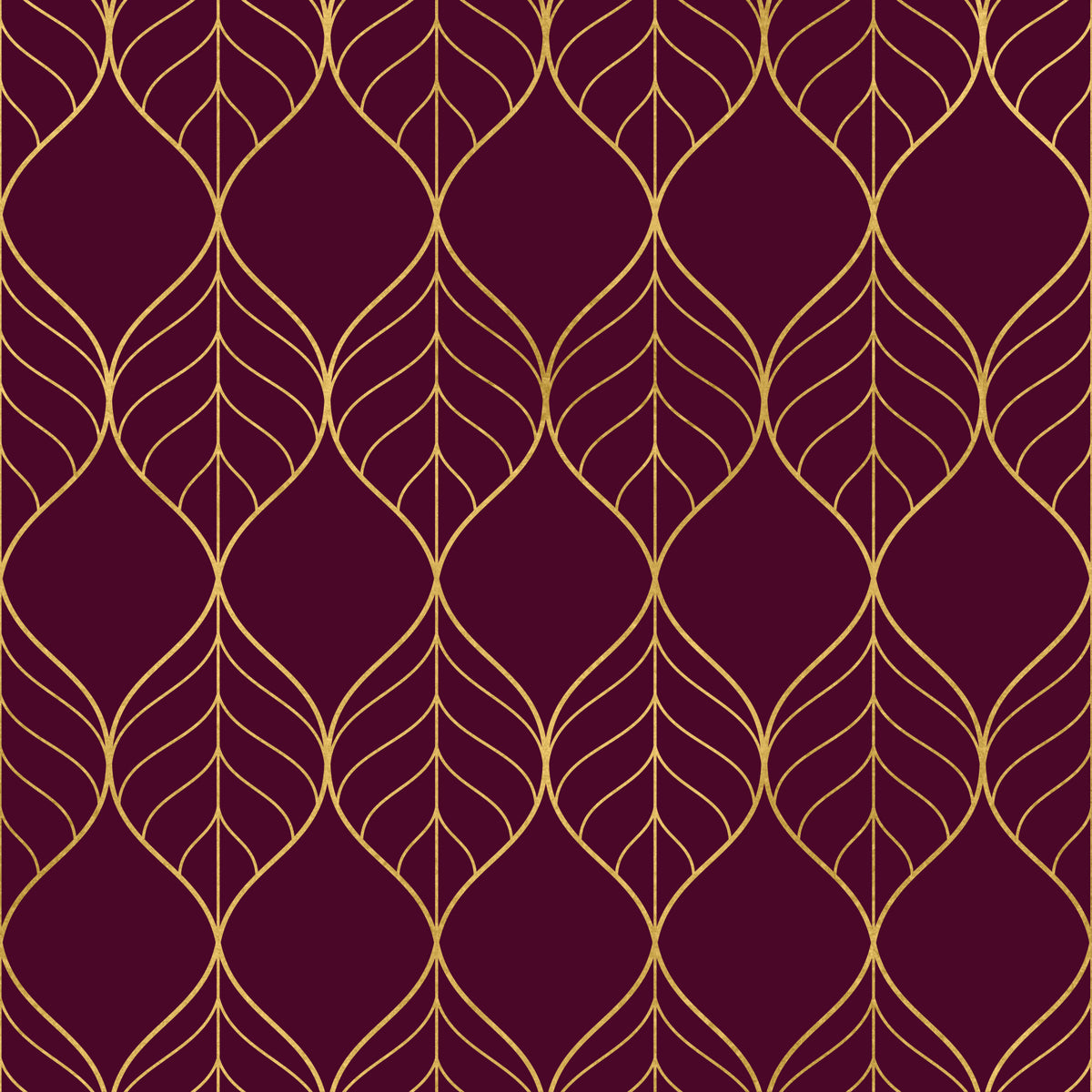 Elegant Burgundy and Gold Art Deco Leaf Wallpaper