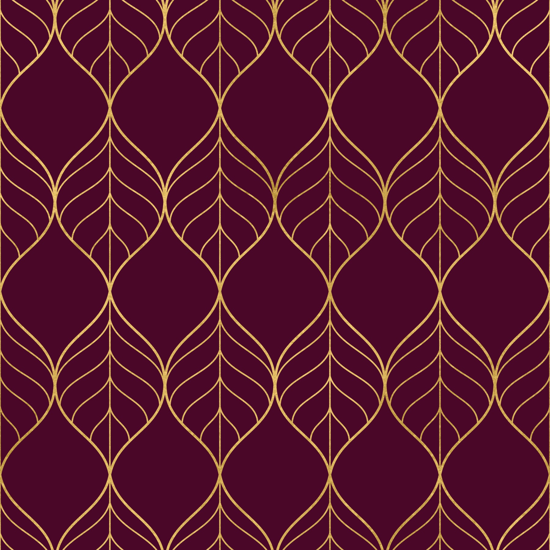 Elegant Burgundy and Gold Art Deco Leaf Wallpaper in your room — zoomed