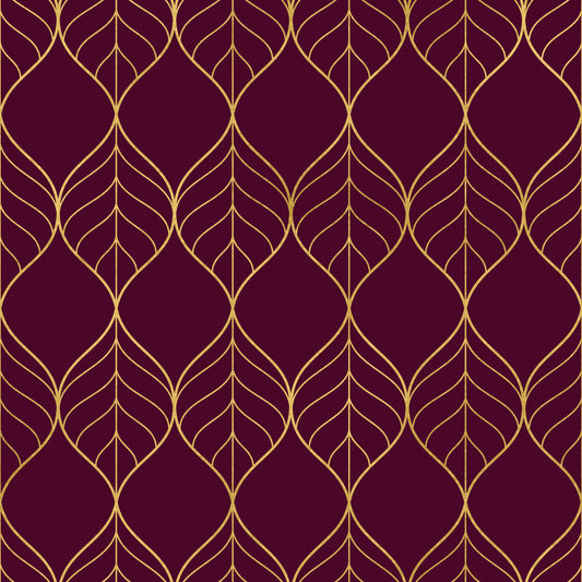 Elegant Burgundy and Gold Art Deco Leaf Wallpaper