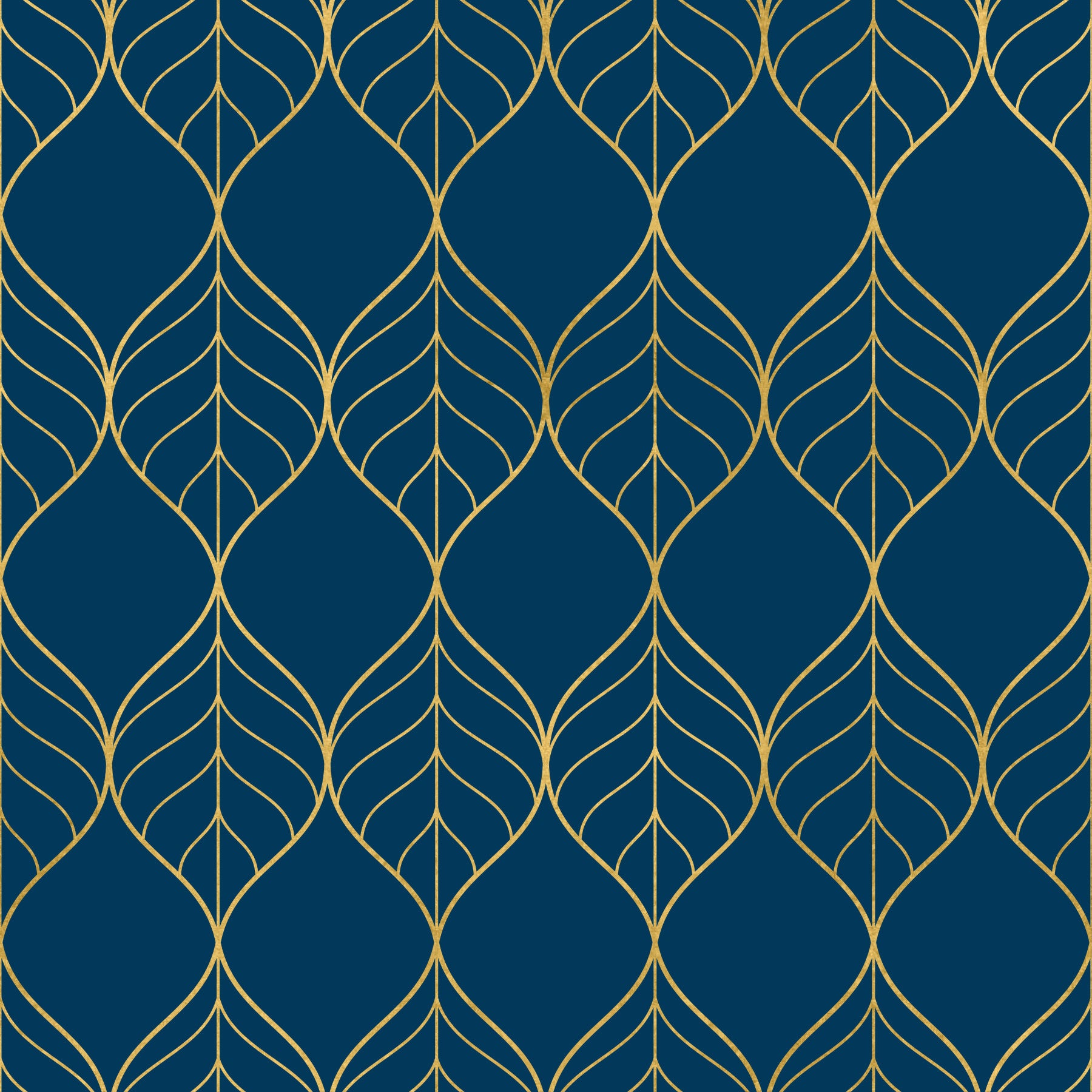 Dining room Gilded Art Deco Leaves Navy Wallpaper botanical gold dark surface style