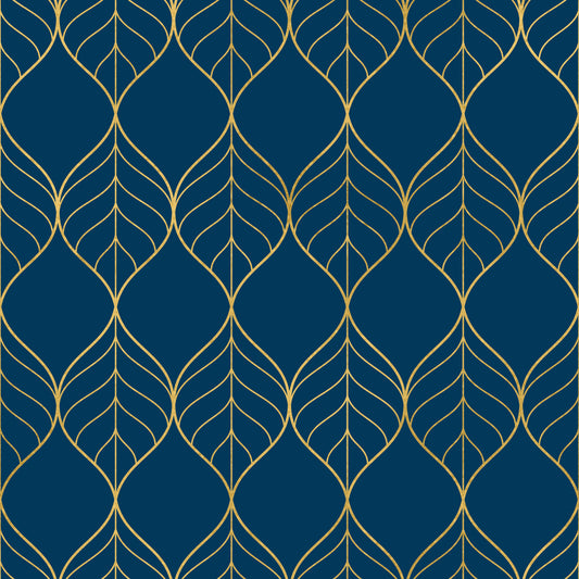 Gilded Art Deco Leaves Navy Wallpaper