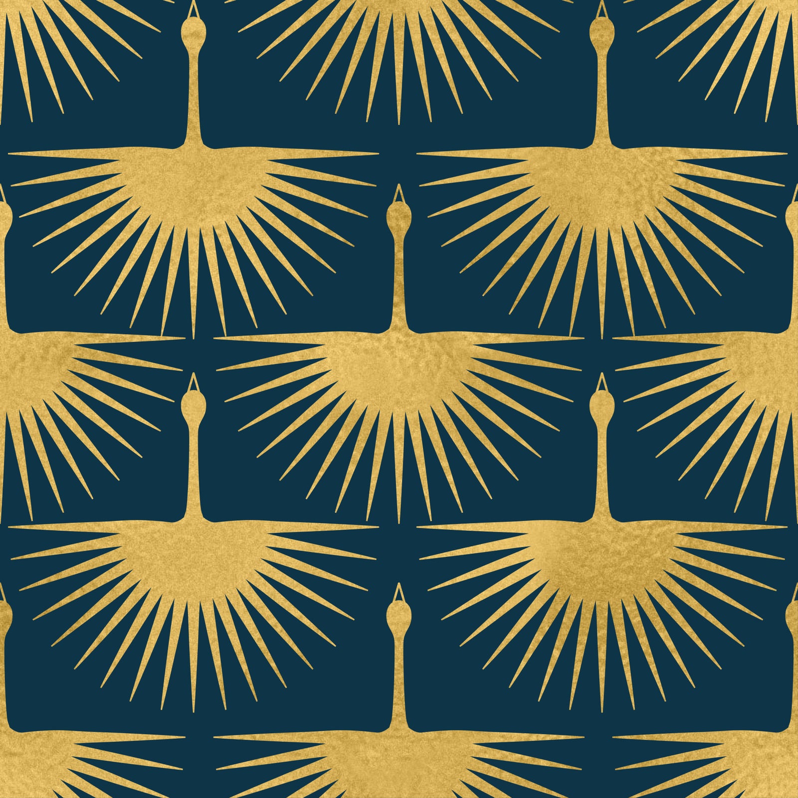 Art Deco Golden Crane Dark Turquoise Wallpaper