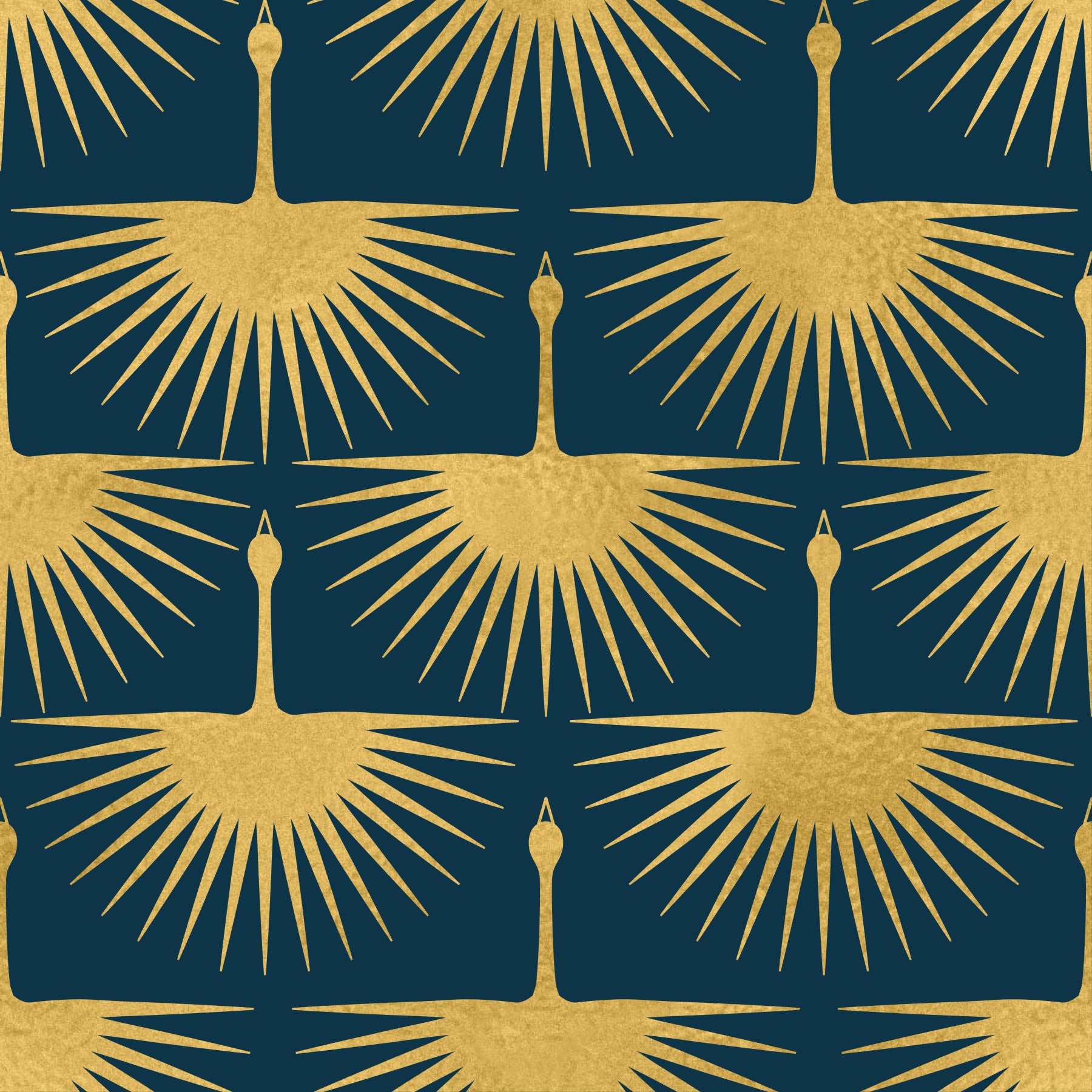 Art Deco Golden Crane Dark Turquoise Wallpaper in your room — zoomed