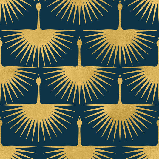 Art Deco Golden Crane Dark Turquoise Wallpaper