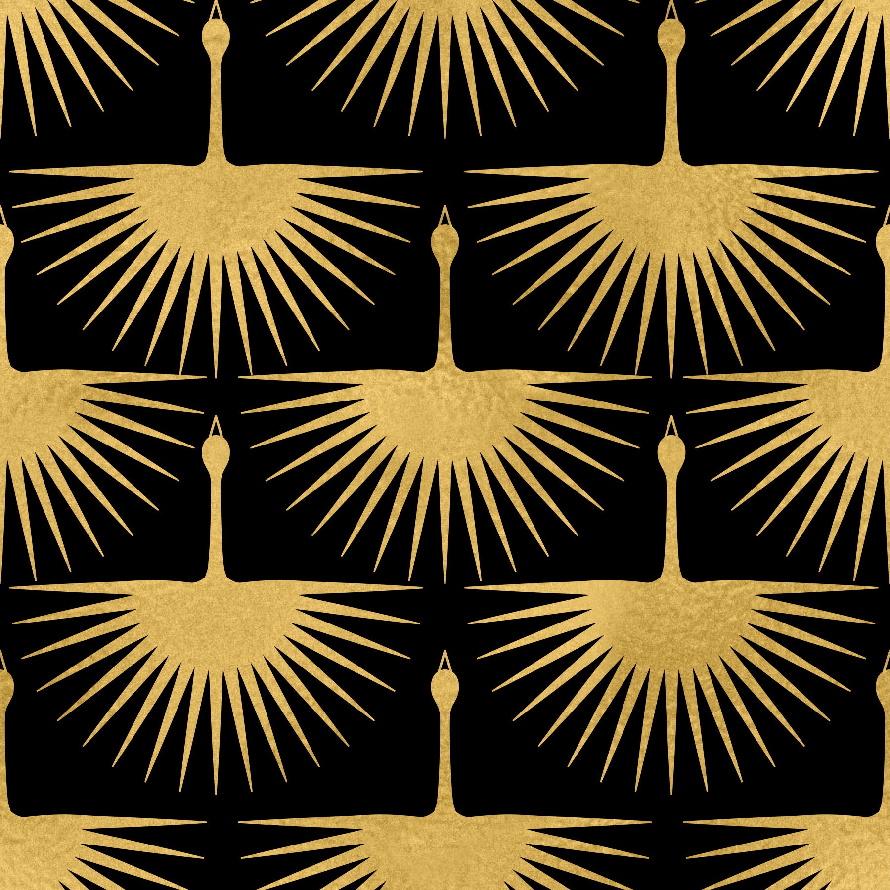 Black and Gold Art Deco Crane Wallpaper in your room — zoomed
