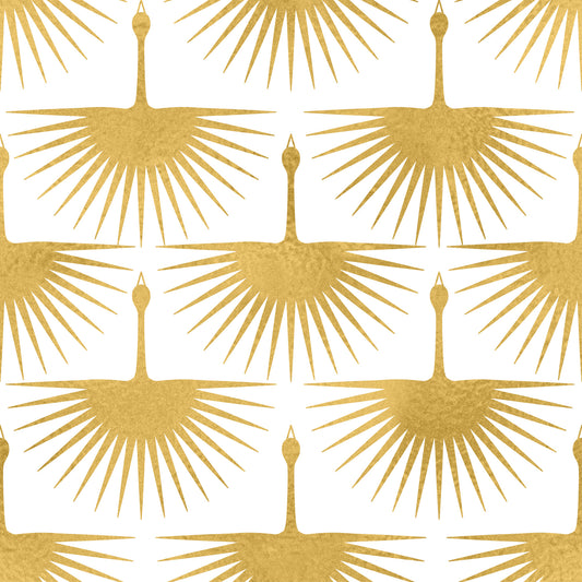 Golden Sunburst Crane Art Deco Wallpaper