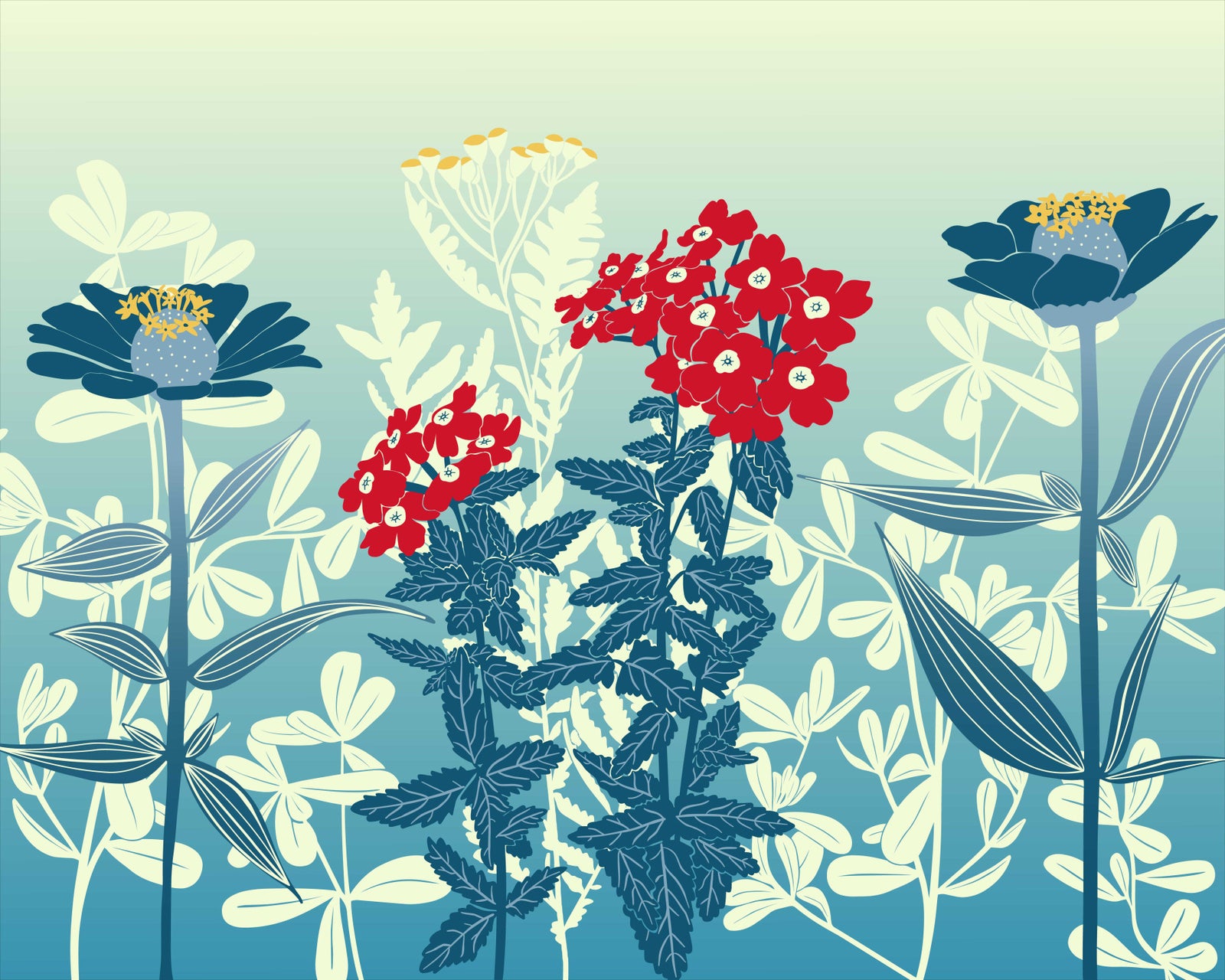 Crimson and Teal Retro Botanical Meadow Wall Mural