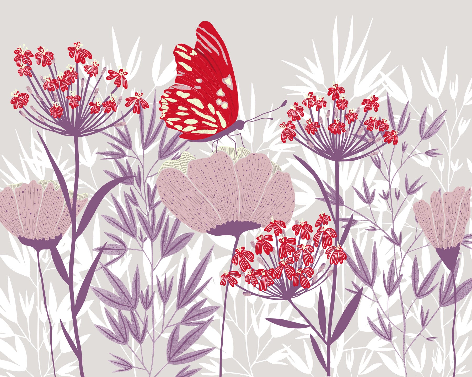 Crimson Butterfly and Mauve Garden Wall Mural