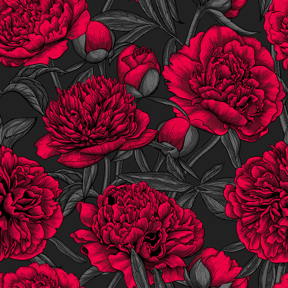 Midnight Crimson Peony Dark Floral Wallpaper in your room — zoomed