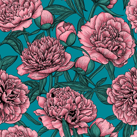 Romantic Teal Peony Botanical Wallpaper