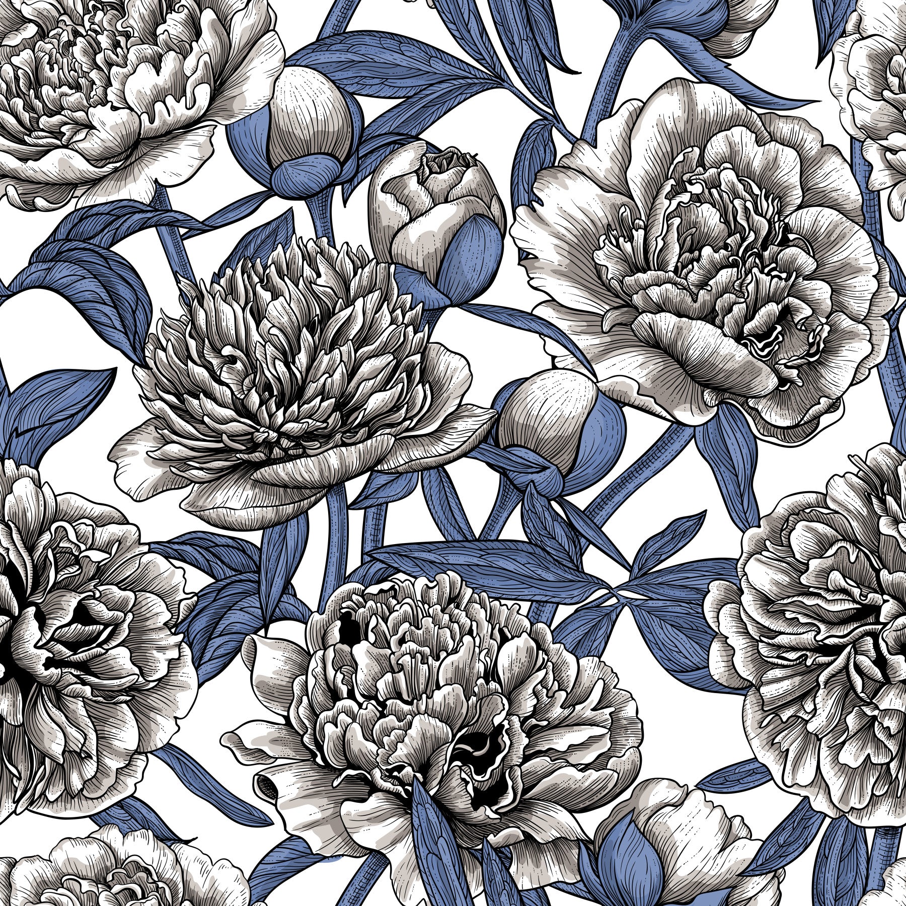 Vintage Blue and Cream Engraved Peonies Wallpaper