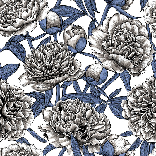 Vintage Blue and Cream Engraved Peonies Wallpaper