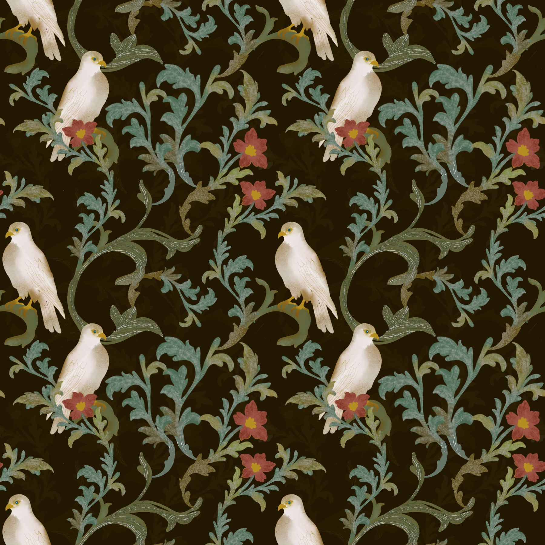 Midnight Forest Birds and Floral Scroll Wallpaper