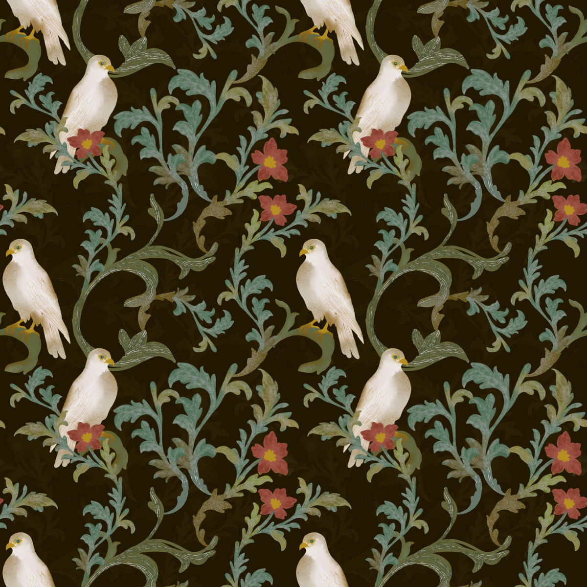 Midnight Forest Birds and Floral Scroll Wallpaper in your room — zoomed