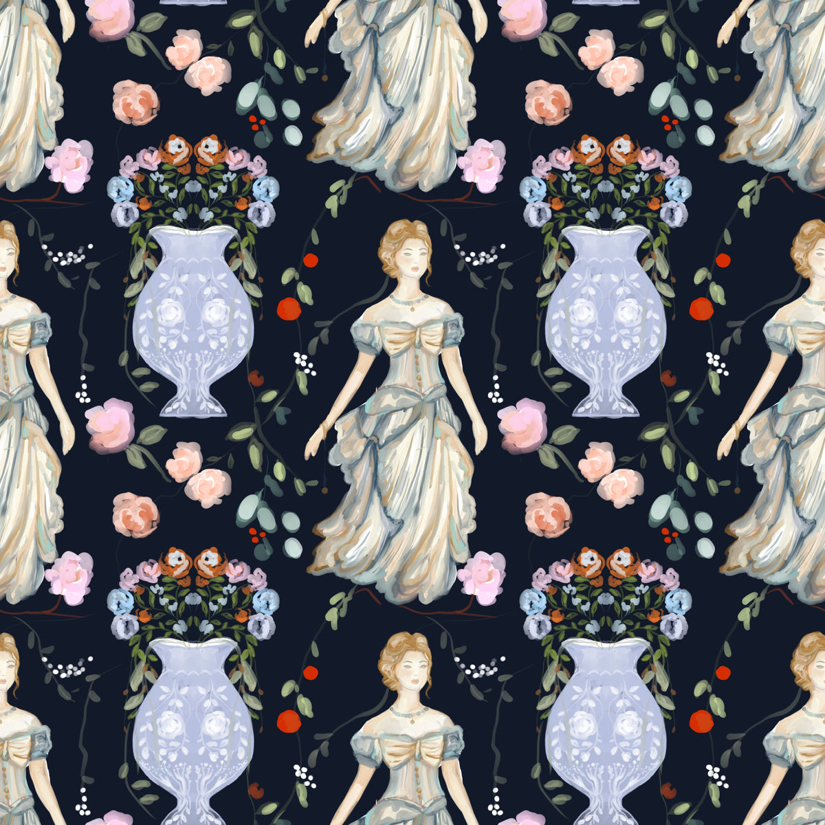 Vintage Elegance Renaissance Gown Floral Wallpaper in your room
