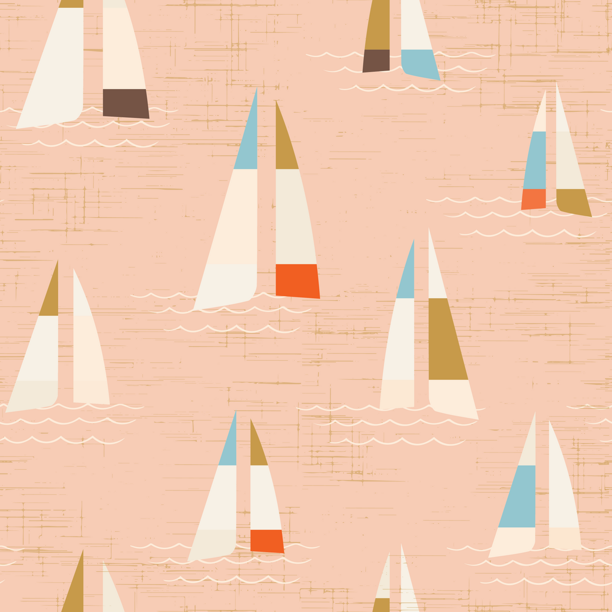 Peach Mid Century Sailboats Wallpaper in your room — zoomed