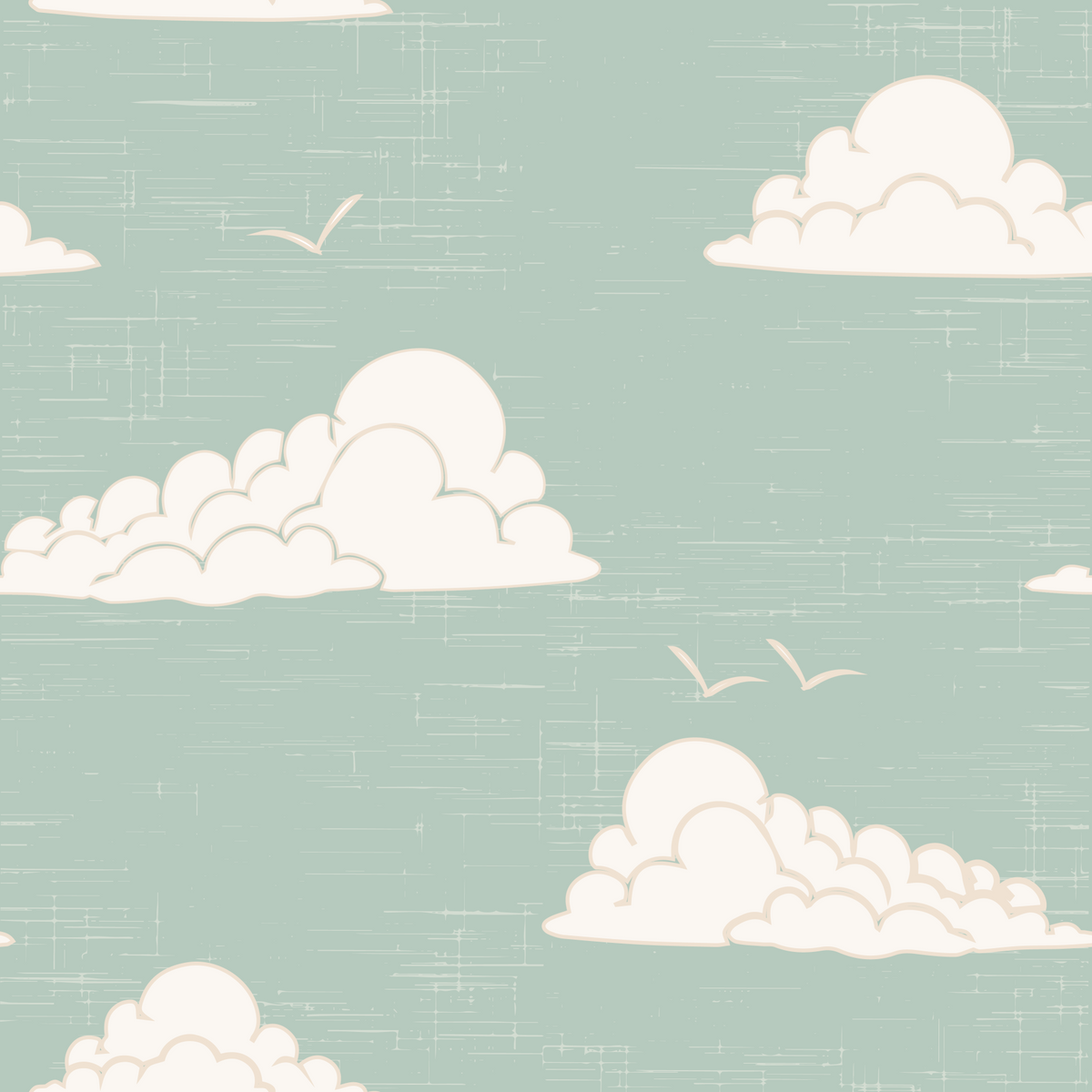 Light Sage Mid Century Cloud Sky Wallpaper in your room — zoomed