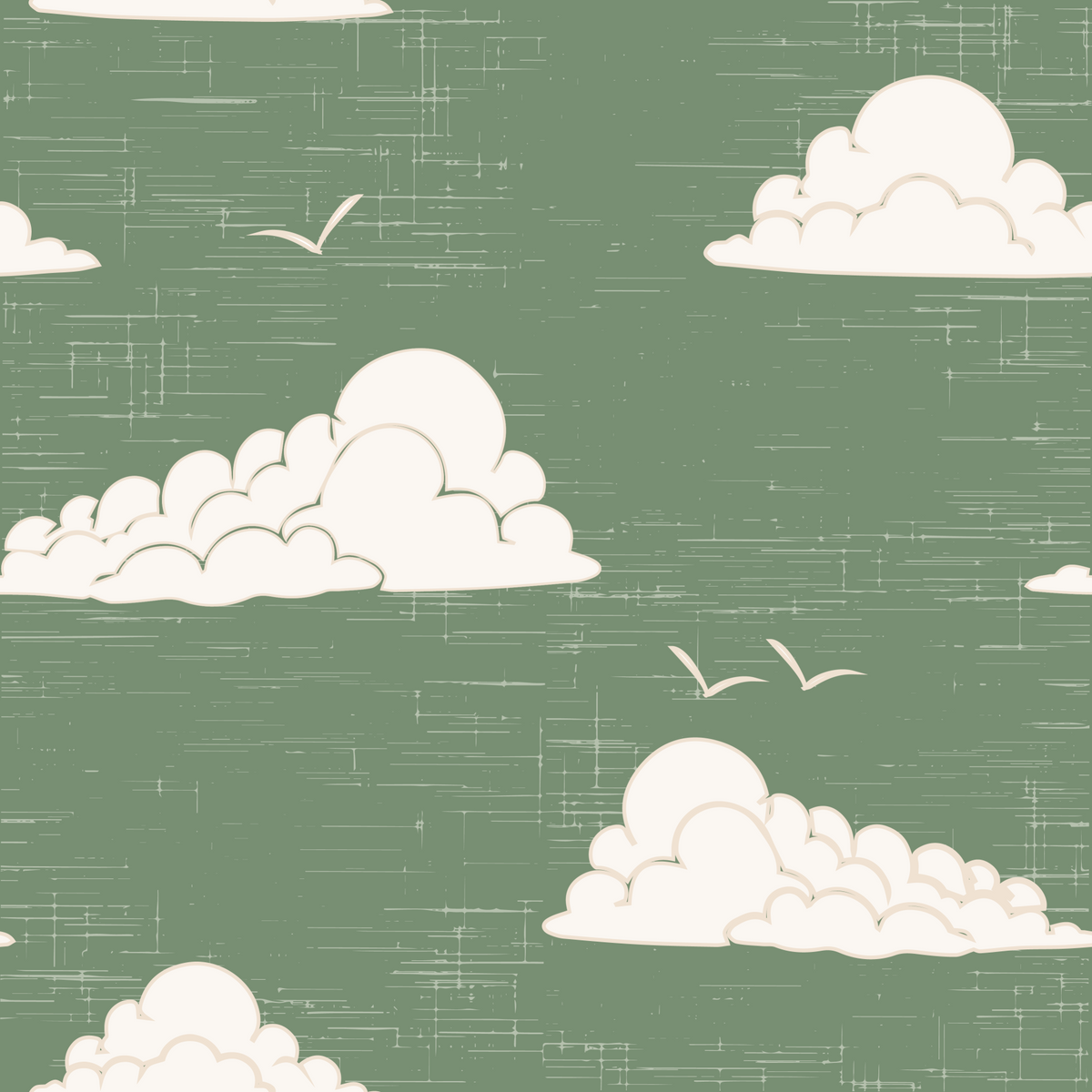 Sage Green Mid Century Cloud Sky Wallpaper in your room — zoomed