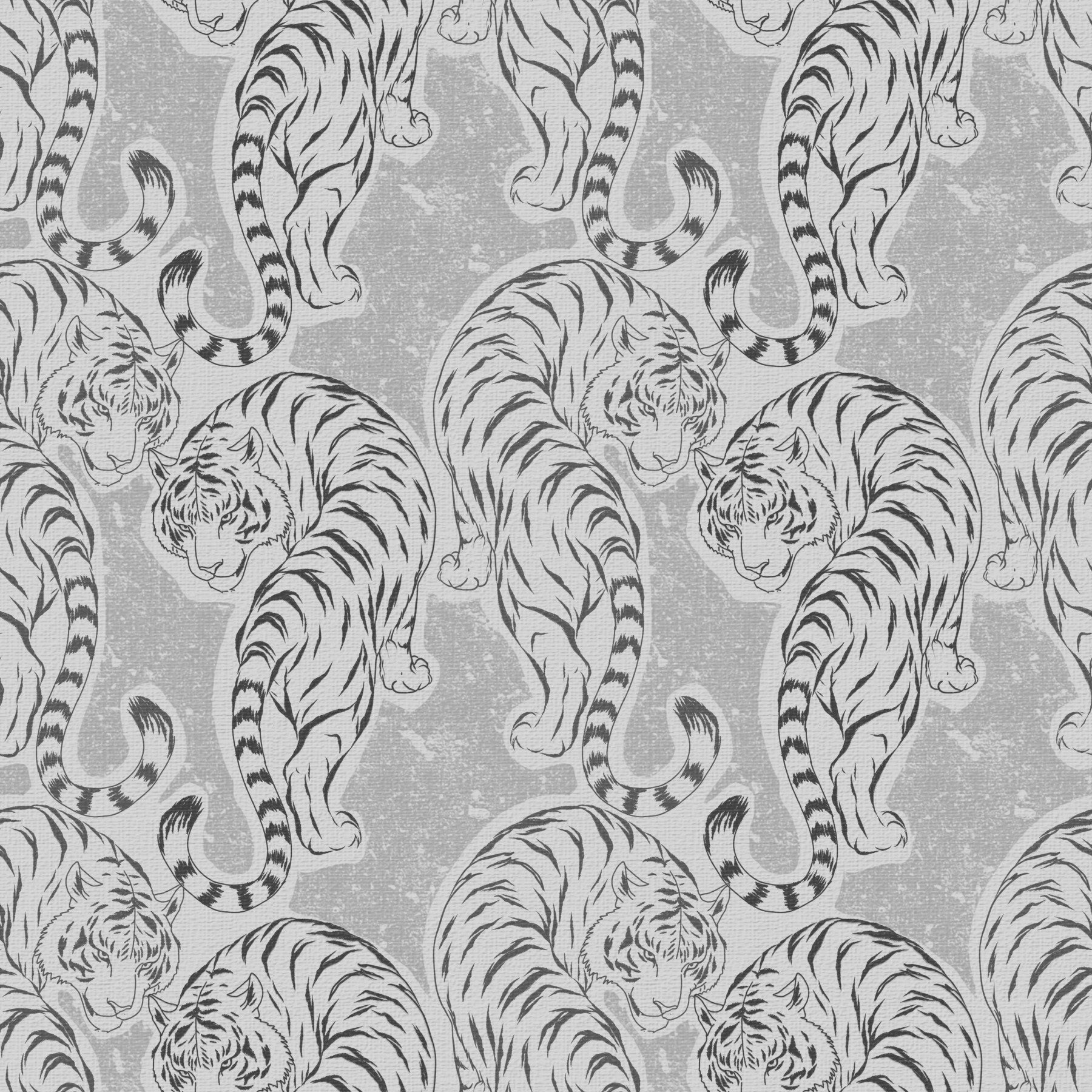 Vintage Monochrome Tiger wallpaper fills a kids' room with sketched gray tigers.