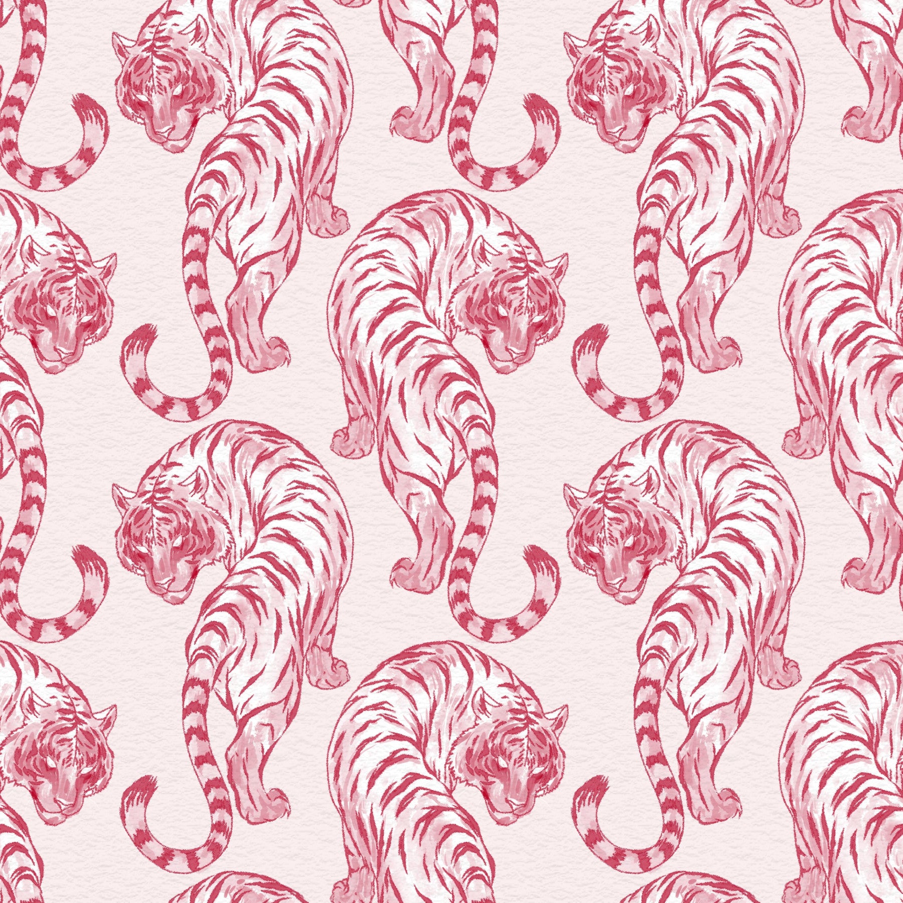 kids bedroom shows crimson chinoiserie tigers on a pale pink ground in this wallpaper.