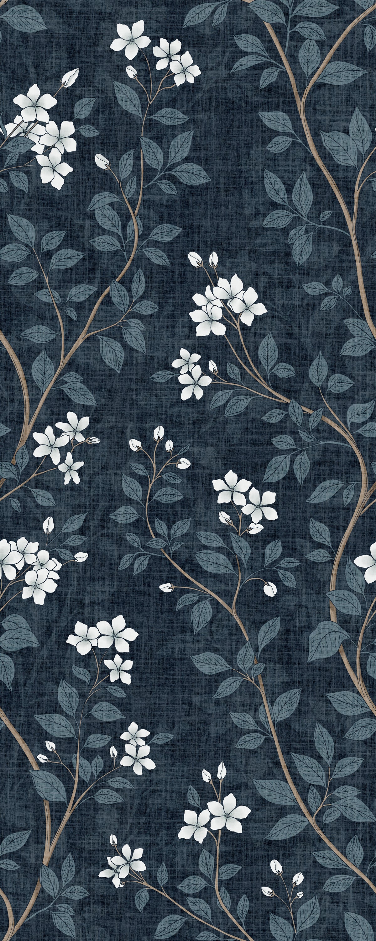 Elegant White Blooms on Indigo Linen Wallpaper⁠ in your room — zoomed