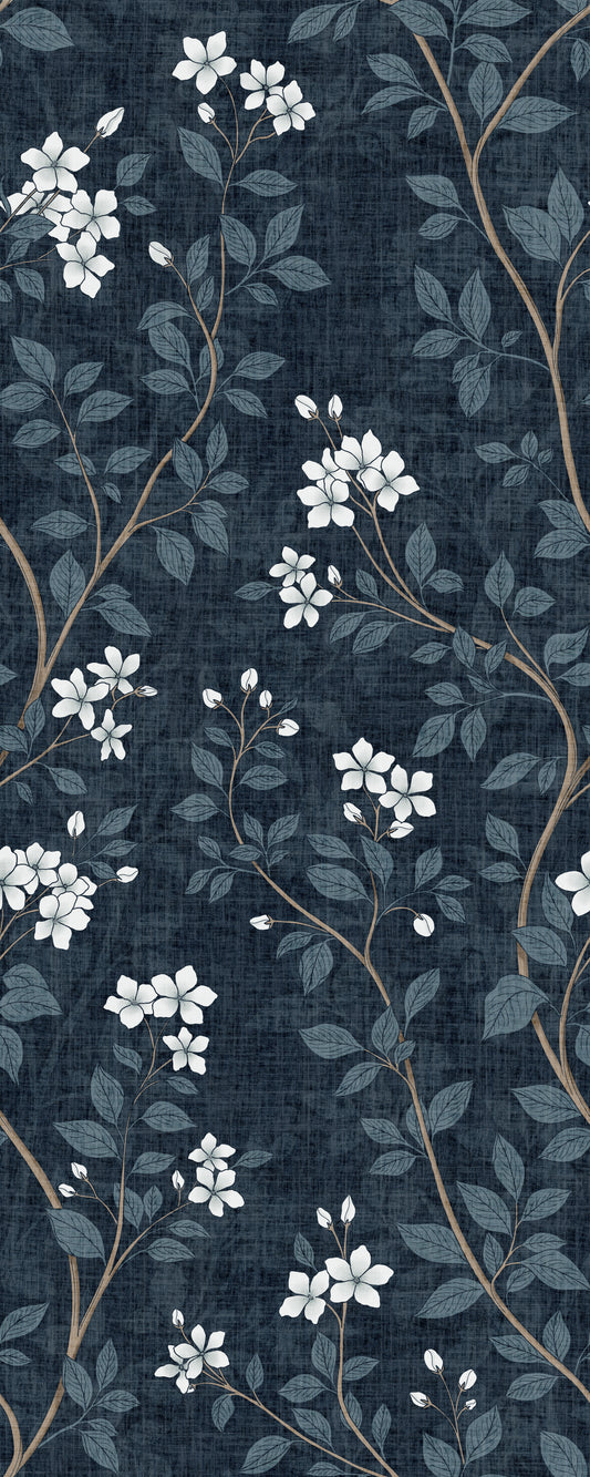 Elegant White Blooms on Indigo Linen Wallpaper⁠