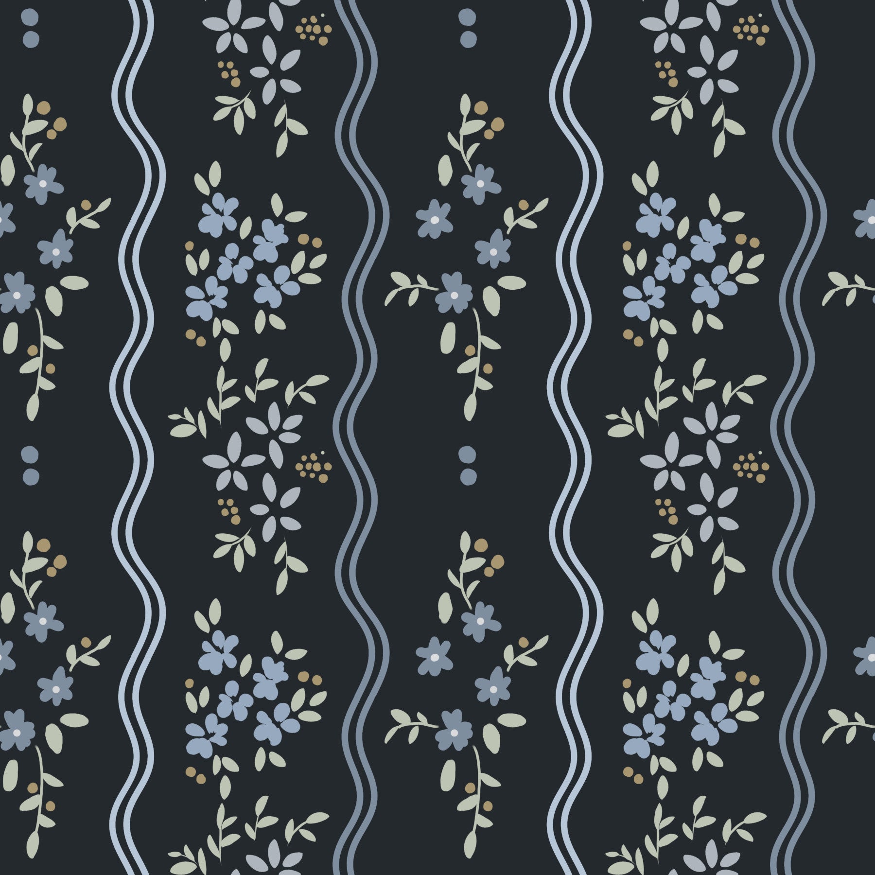 Midnight Meadow Wavy Floral Wallpaper⁠