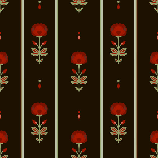 Crimson Folk Art Floral Stripe Wallpaper Wallpaper⁠