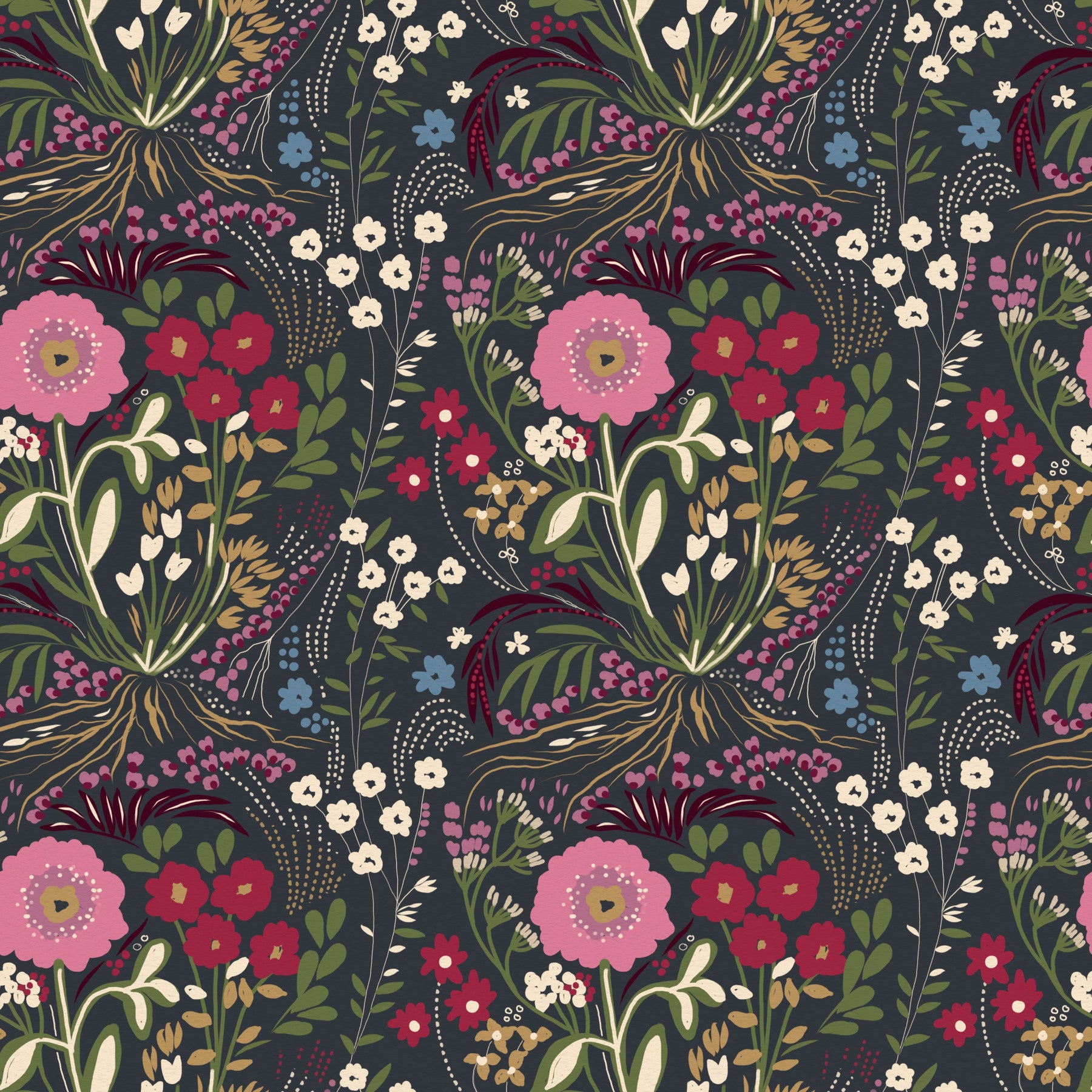 Enchanted Midnight Folk Floral Wallpaper Wallpaper⁠