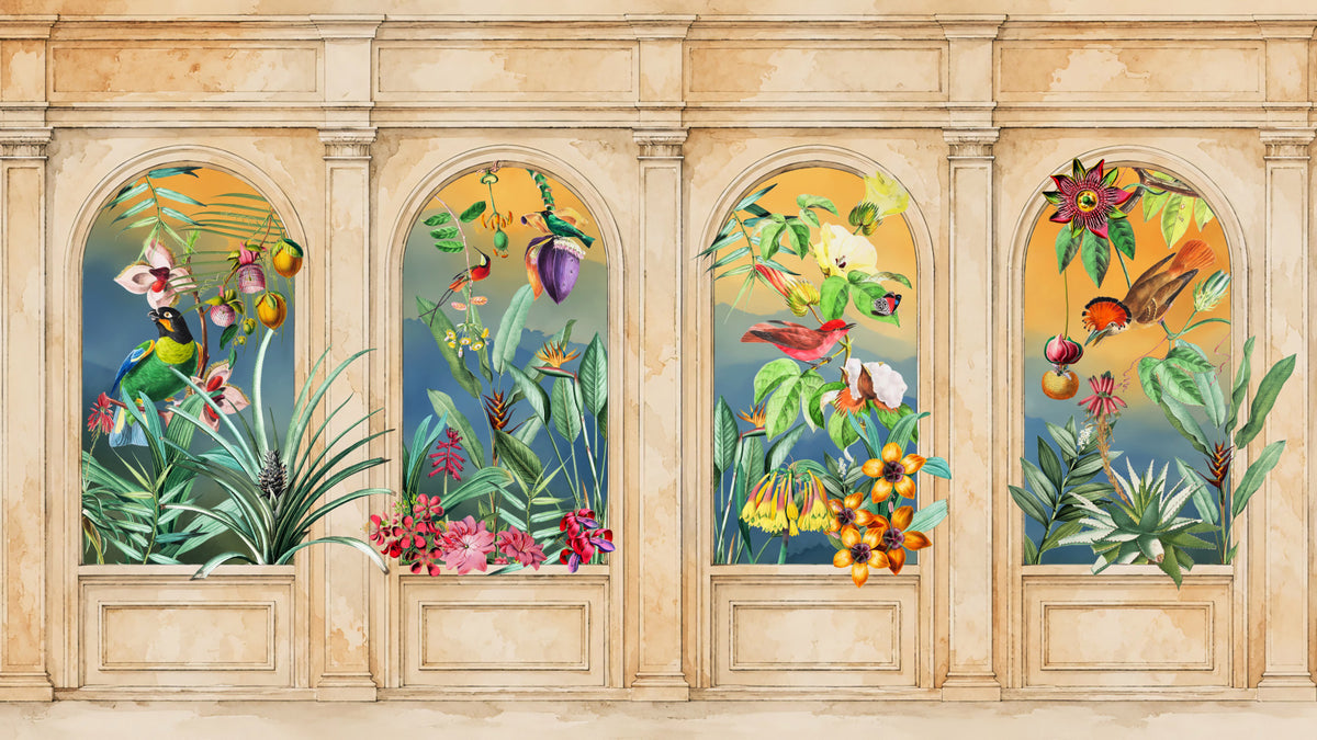 Vintage Archway Tropical Birds Wall Mural in your room