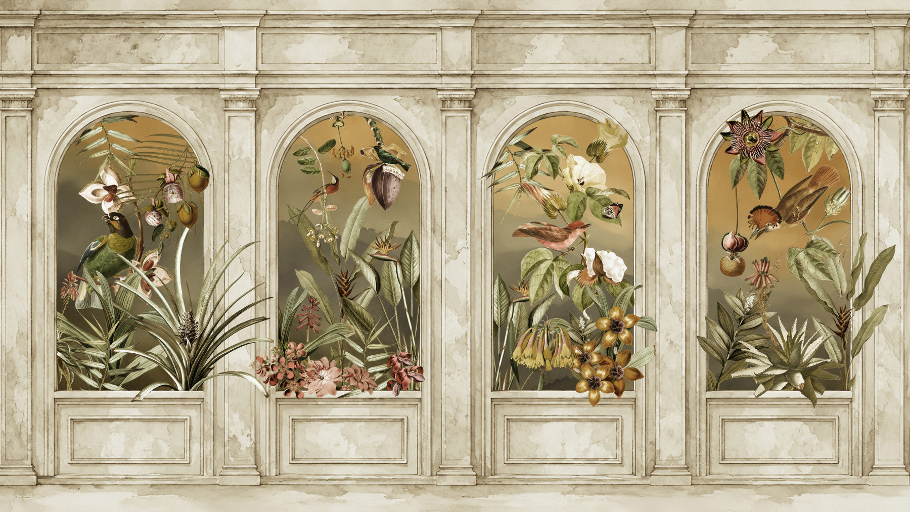 Classical Colonnade and Exotic Botanical Garden Wallpaper Wall Mural