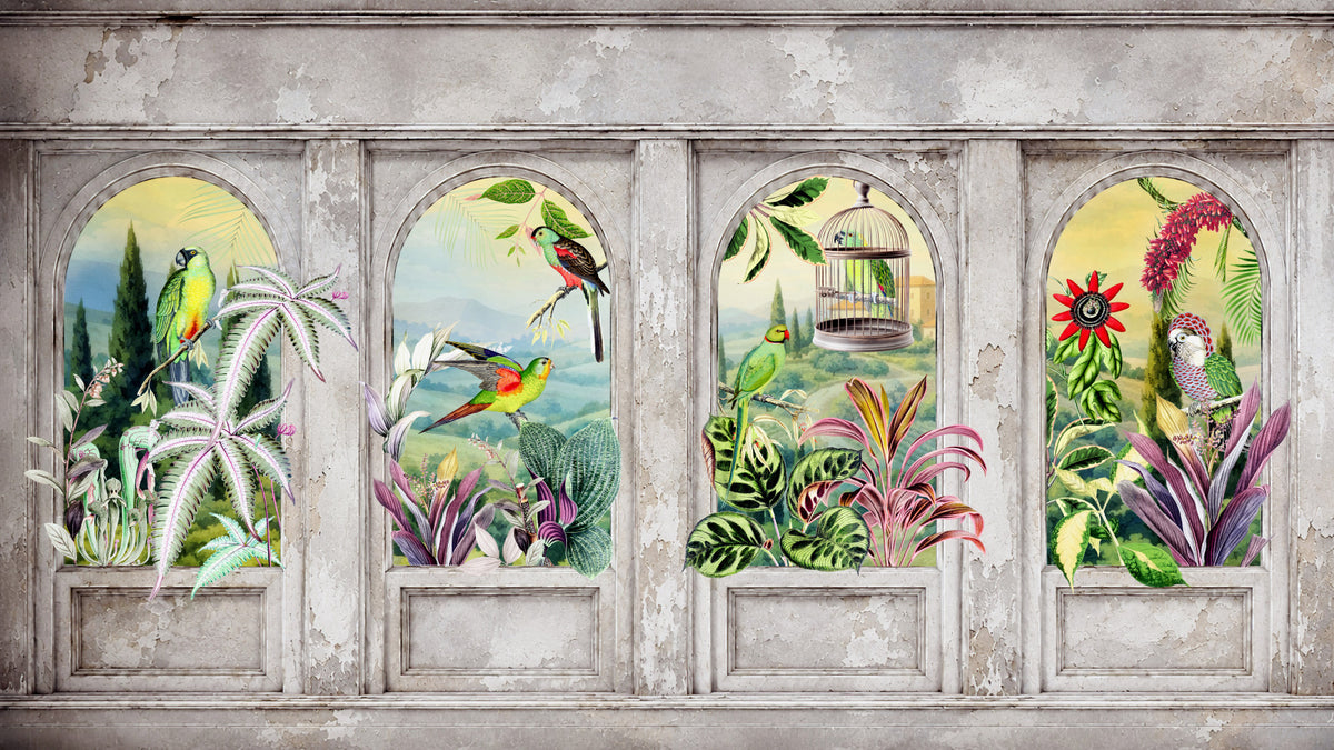 Vintage Archways and Tropical Birds Scenic Wall Mural in your room — zoomed