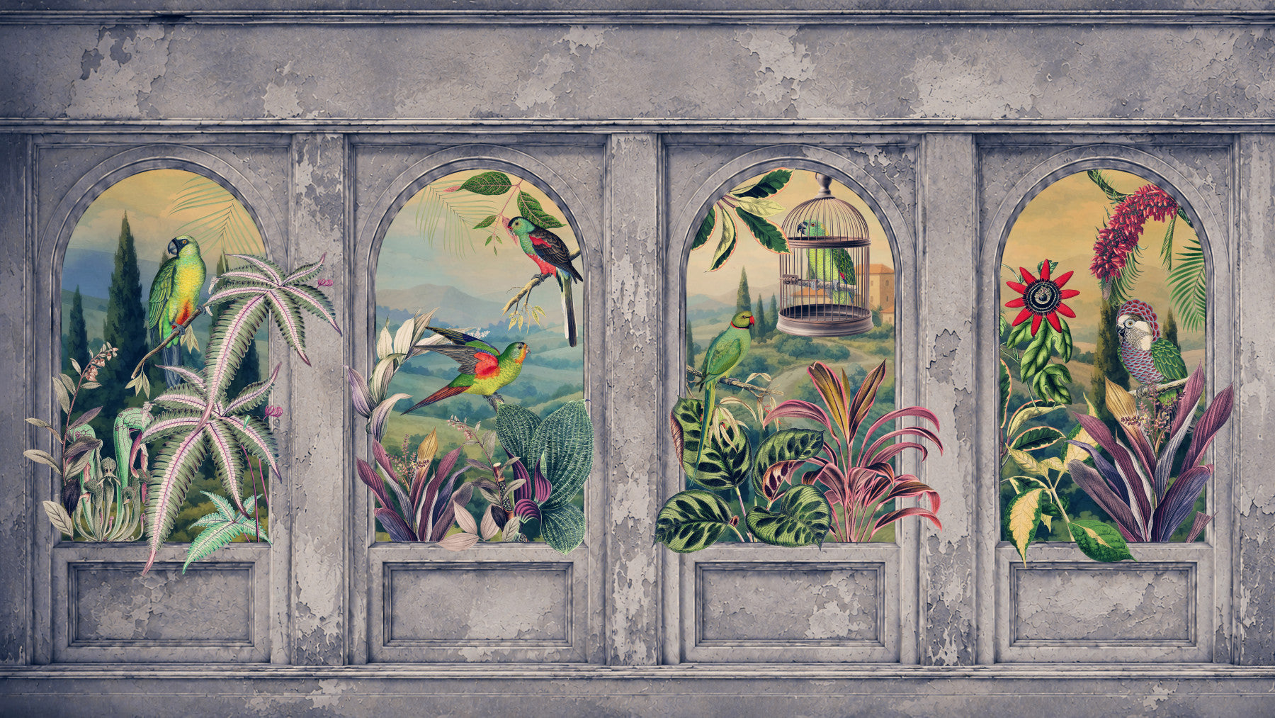 Vintage Archways and Tropical Birds Scenic 1 Wall Mural