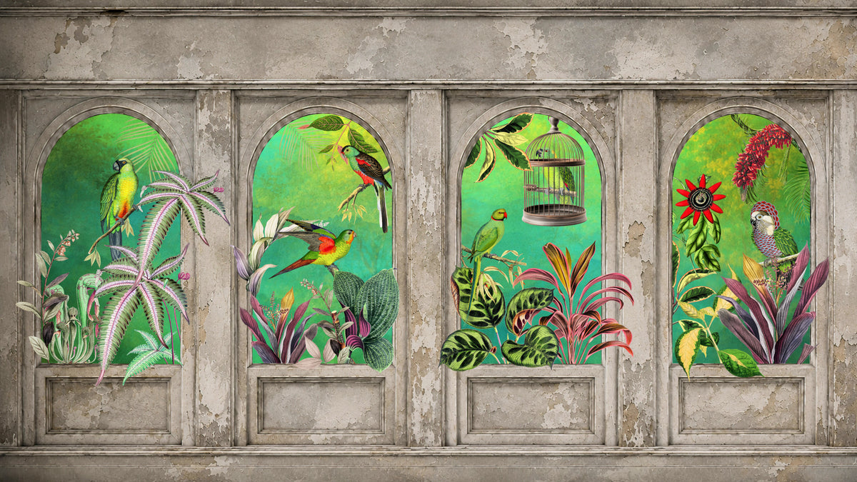Vintage Archways Tropical Birds Wall Mural