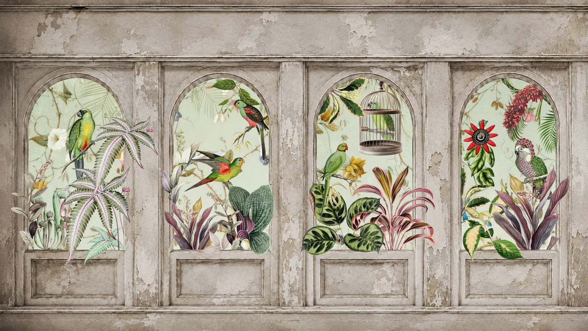 Exotic Aviary Archway Wall Mural in your room — zoomed
