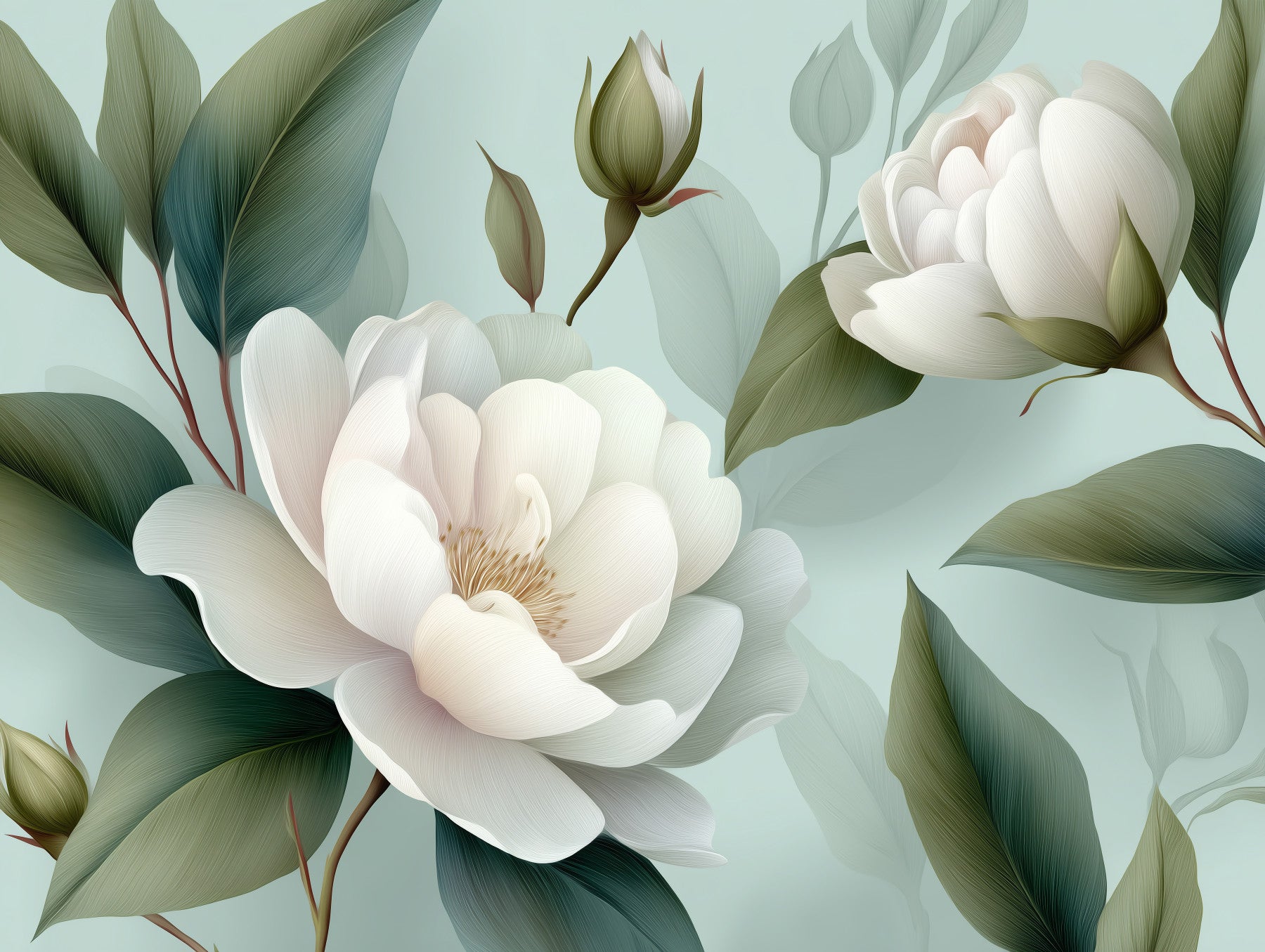 Serene Sage White Peonies Floral Wall Mural
