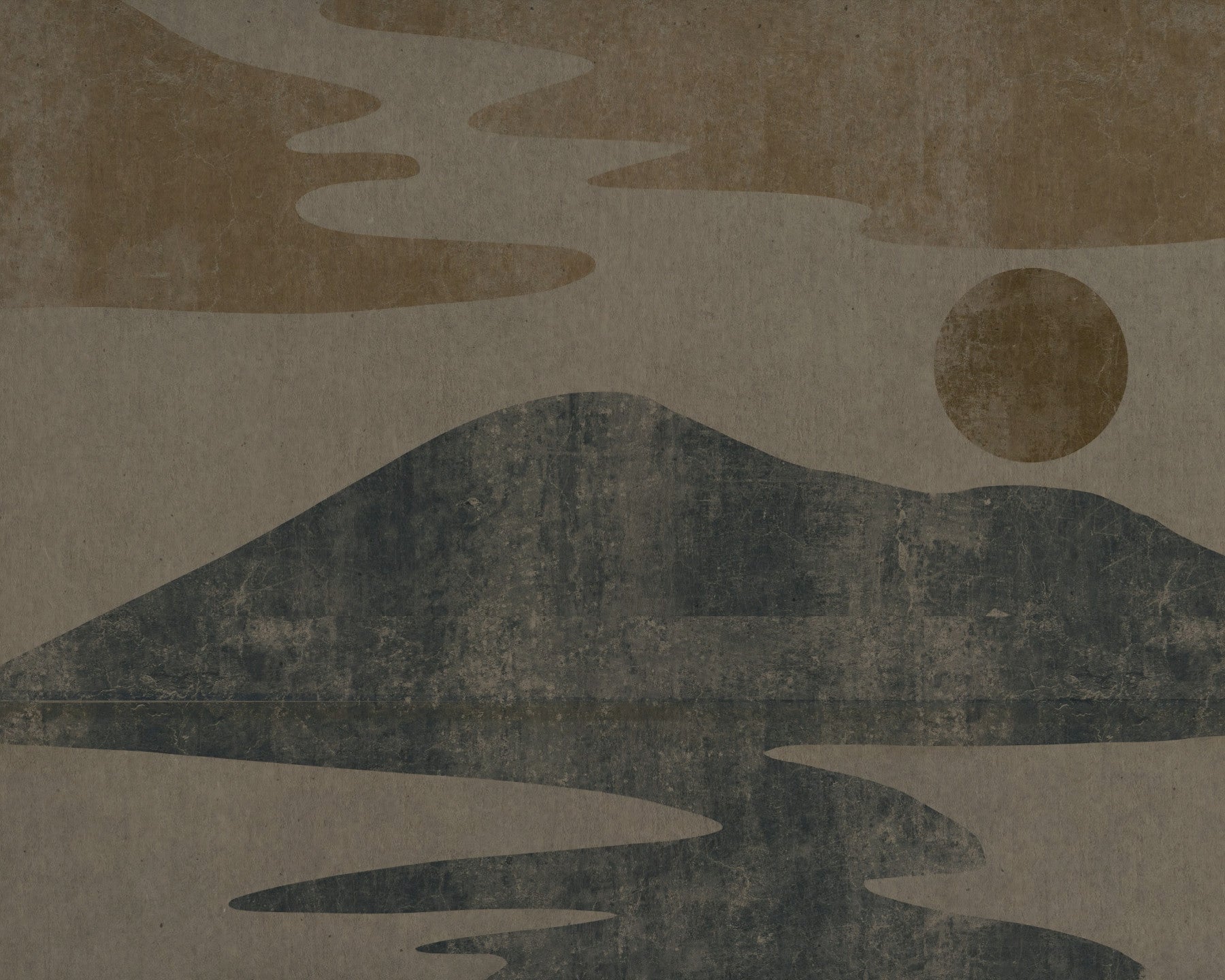 Charcoal and ochre hills ground a living room with this Wabi-Sabi wall mural GD10812