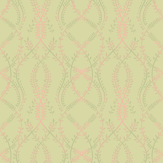 Soft Sage and Blush Pink Botanical Ogee Wallpaper⁠