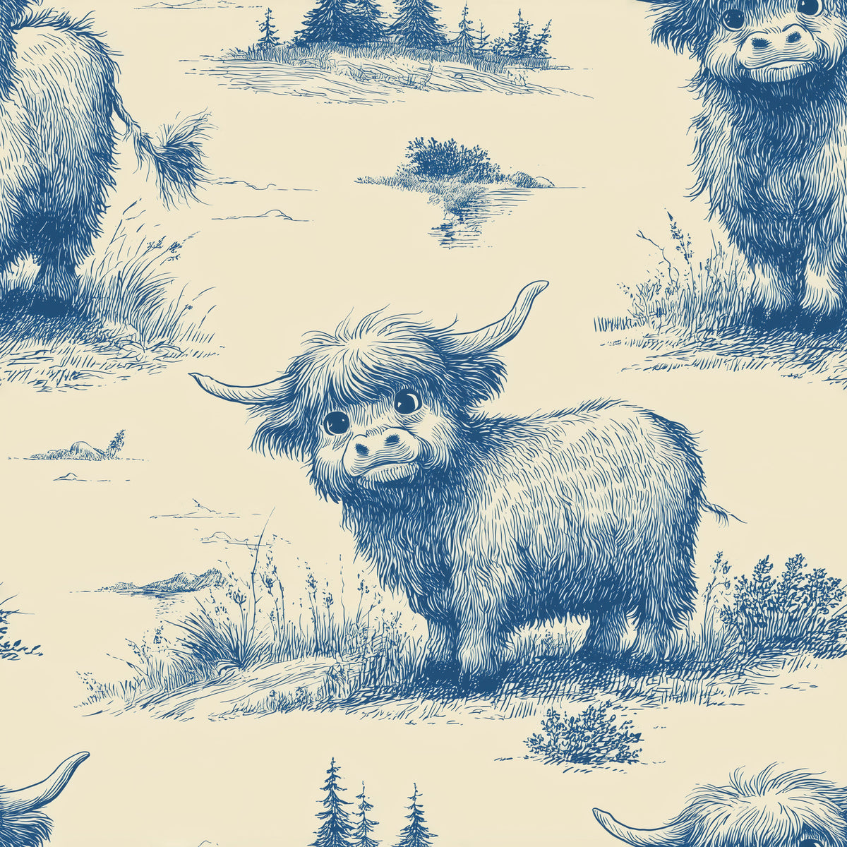 Whimsical Vintage Highland Cow Wallpaper⁠ in your room — zoomed