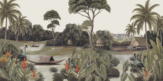 Vintage Exotic Tropical River and Cranes Wall Mural