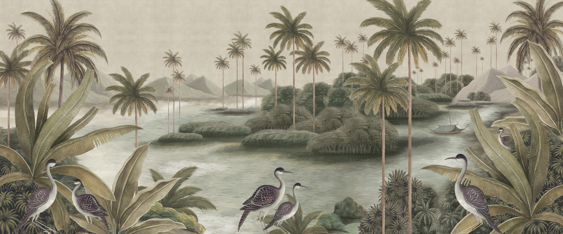 Vintage Chinoiserie Palm & Heron Wall Mural