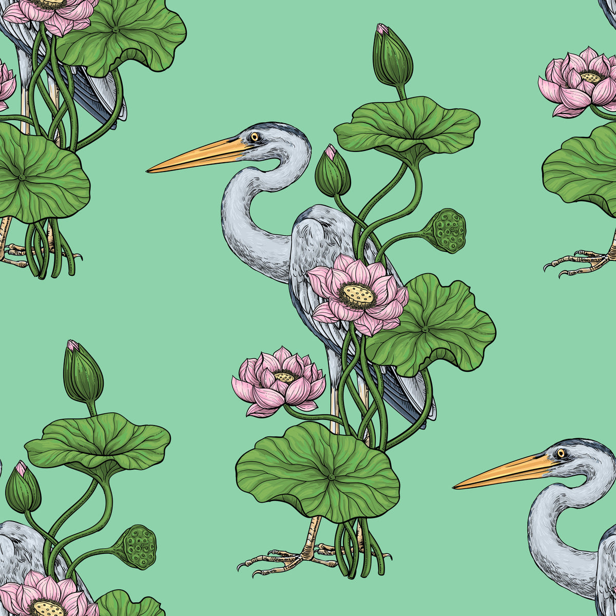 Heron in the Pink Lotus Garden on jade Wallpaper⁠ in your room