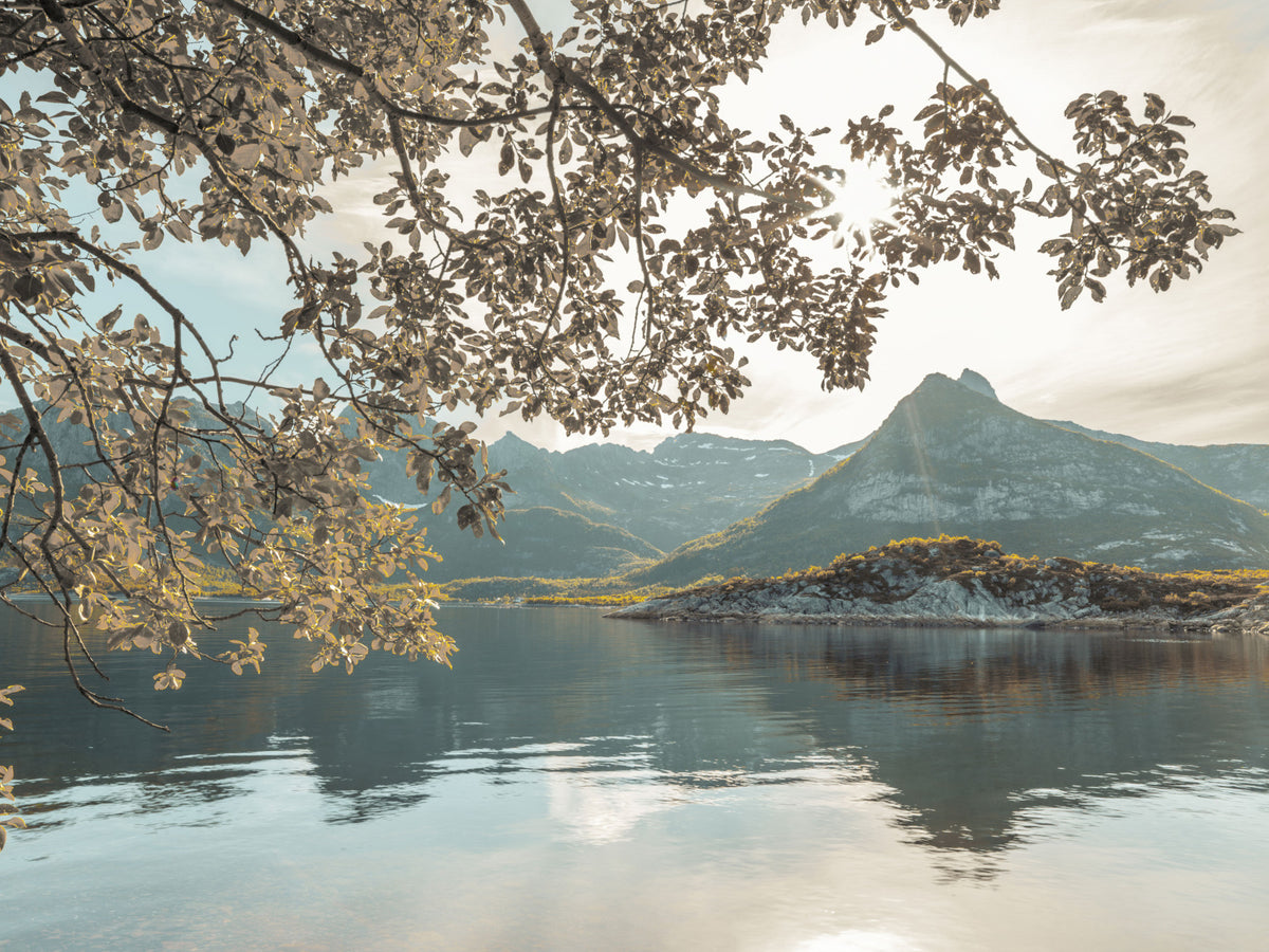 Sunlit Lake and Mountain Vista Wall Mural in your room