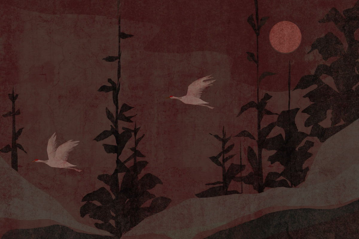 Chinoiserie Nightfall with Soaring Cranes Wall Mural in your room — zoomed