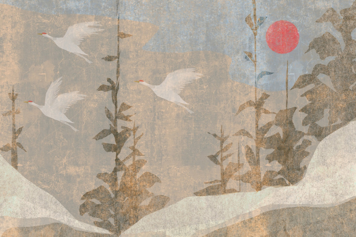 Flying Cranes and Crimson Sun Scenic Wall Mural