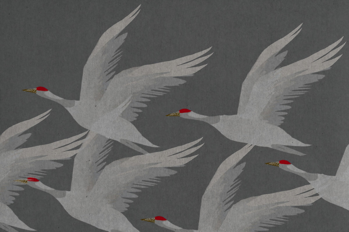 Oriental Crane Flight in Slate and Gold Wall Mural