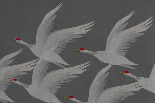 Oriental Crane Flight in Slate and Gold Wall Mural