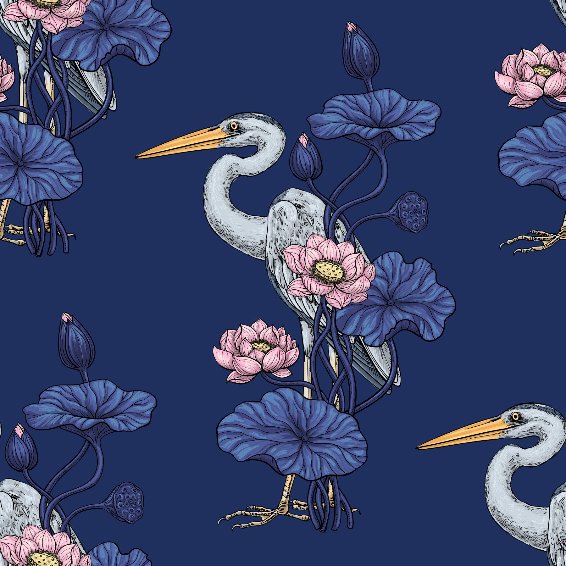 Heron in the Pink Lotus Garden on delpht blue Wallpaper⁠